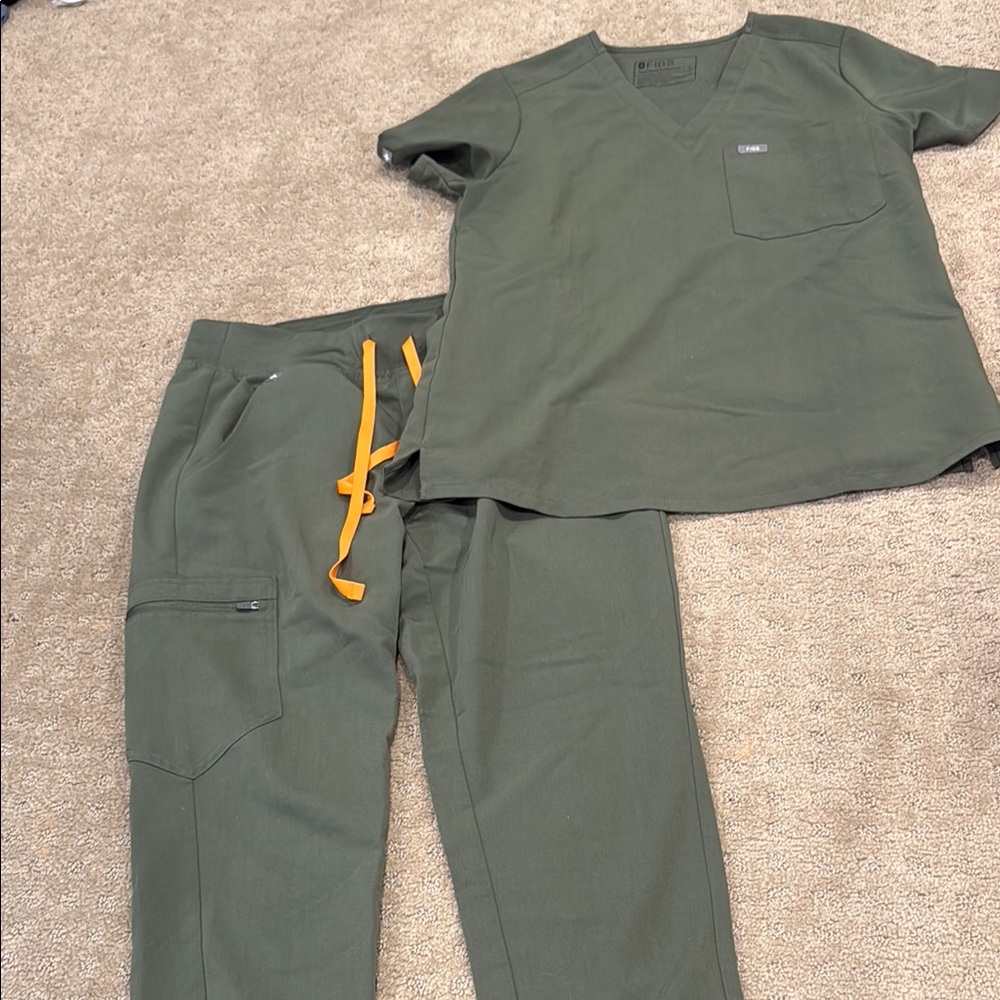 Olive Green Scrub Set with Orange Drawstring